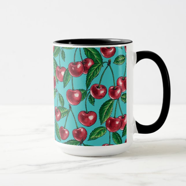Red cherries on turquoise mug (Right)