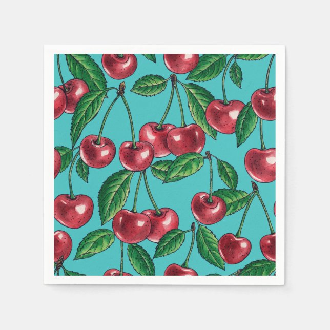 Red cherries on turquoise napkin (Front)