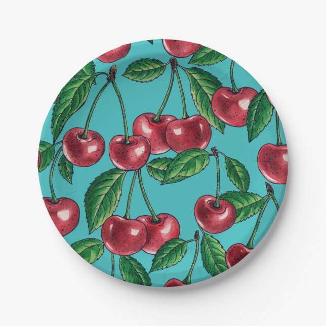 Red cherries on turquoise paper plate (Front)