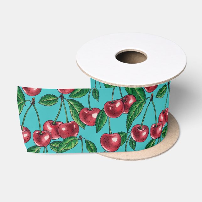 Red cherries on turquoise satin ribbon (Spool)