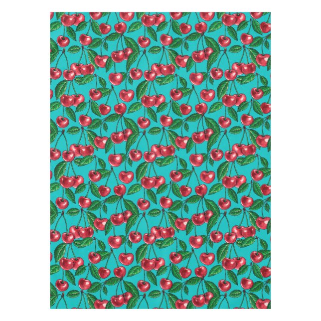 Red cherries on turquoise tablecloth (Front)