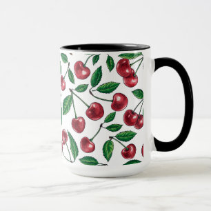 Red cherries on white mug