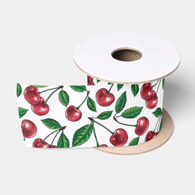 Red cherries on white satin ribbon (Spool)
