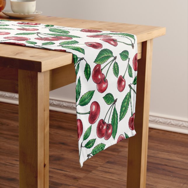 Red cherries on white short table runner (In Situ)