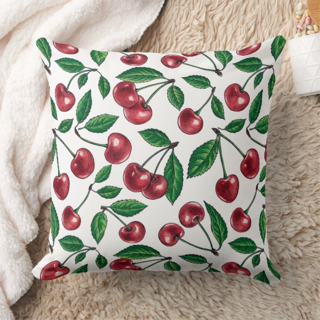 Red cherries on white throw pillow (Blanket)