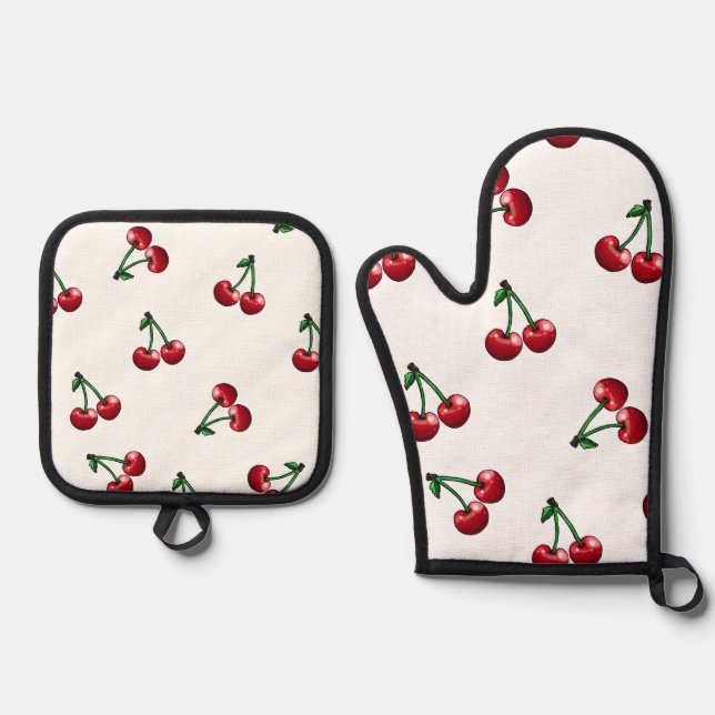 Red Cherries Pattern Design Oven Mitt & Pot Holder Set (Front)