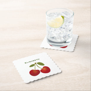 Red Cherries Personalize Custom Name Birthday Paper Coaster