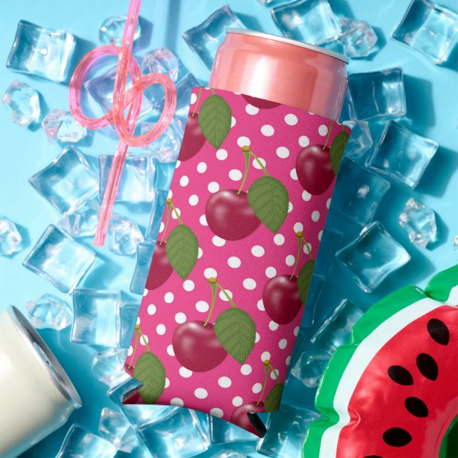 Red Cherries Pink with White Polka Dots Cute Seltzer Can Cooler (In Situ Summer)
