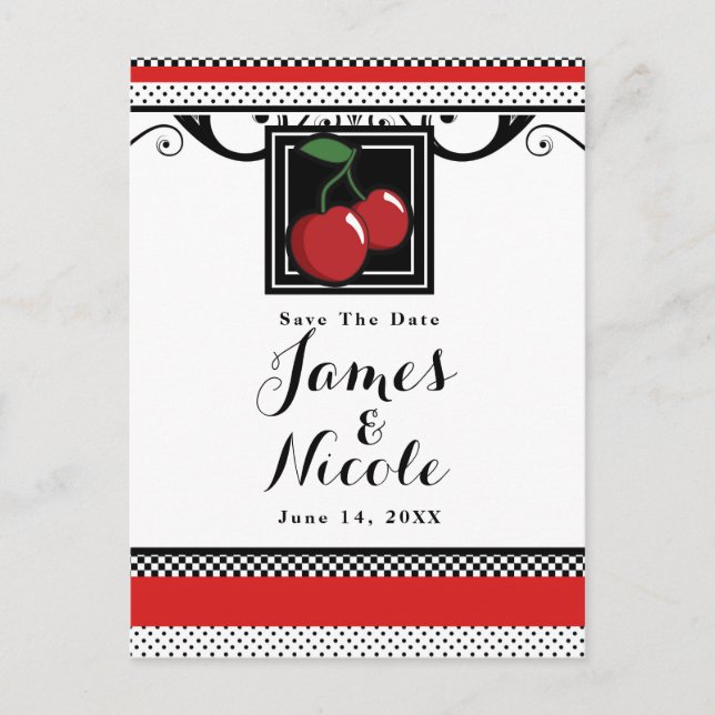 Red Cherries Retro Glam Black & Red Save the Date Announcement Postcard (Front)