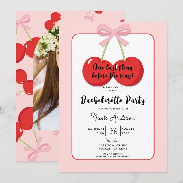 Red Cherries with Pink Bow Coquette Bachelorette  Invitation (Front/Back)
