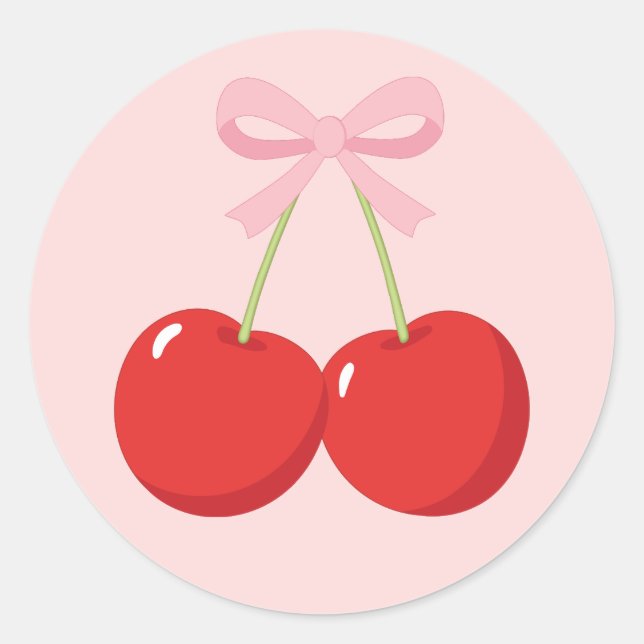 Red Cherries with Pink Bow Coquette Birthday Party Classic Round Sticker (Front)