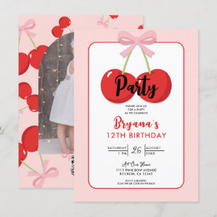 Red Cherries with Pink Bow Coquette Birthday Party Invitation