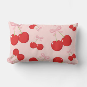 Red Cherries with Pink Bow Coquette Cottage Chic Lumbar Pillow