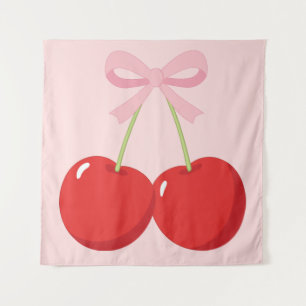 Red Cherries with Pink Bow Coquette Cottage Chic Tapestry