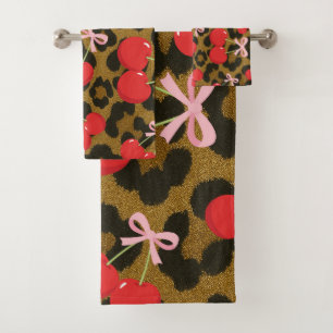 Red Cherries with Pink Bow Coquette Leopard Print Bath Towel Set