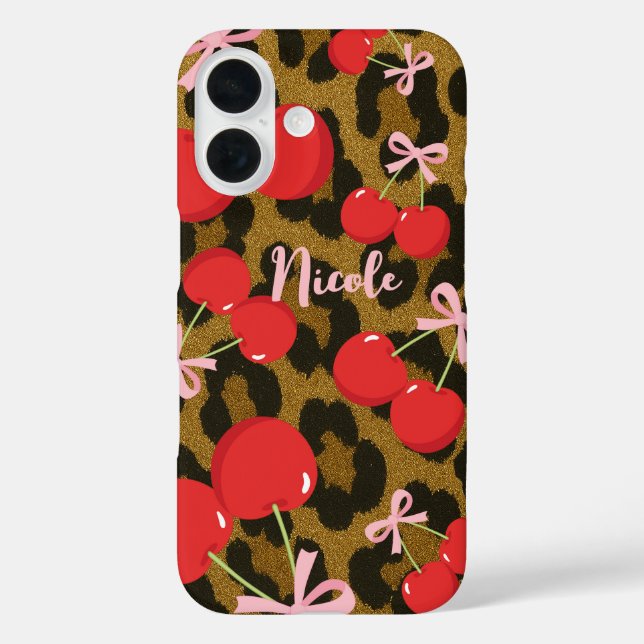 Red Cherries with Pink Bow Coquette Leopard Print Case-Mate iPhone Case (Back)