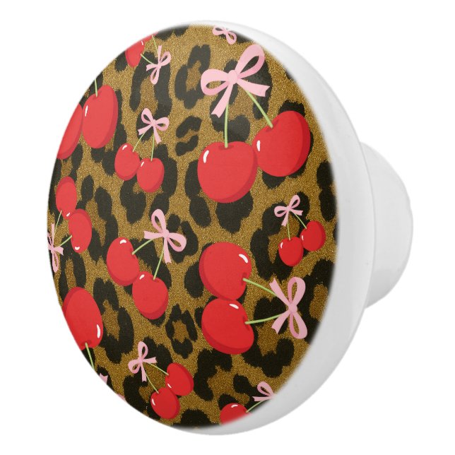 Red Cherries with Pink Bow Coquette Leopard Print Ceramic Knob (Right)