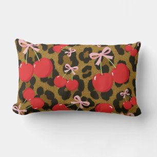 Red Cherries with Pink Bow Coquette Leopard Print Lumbar Pillow