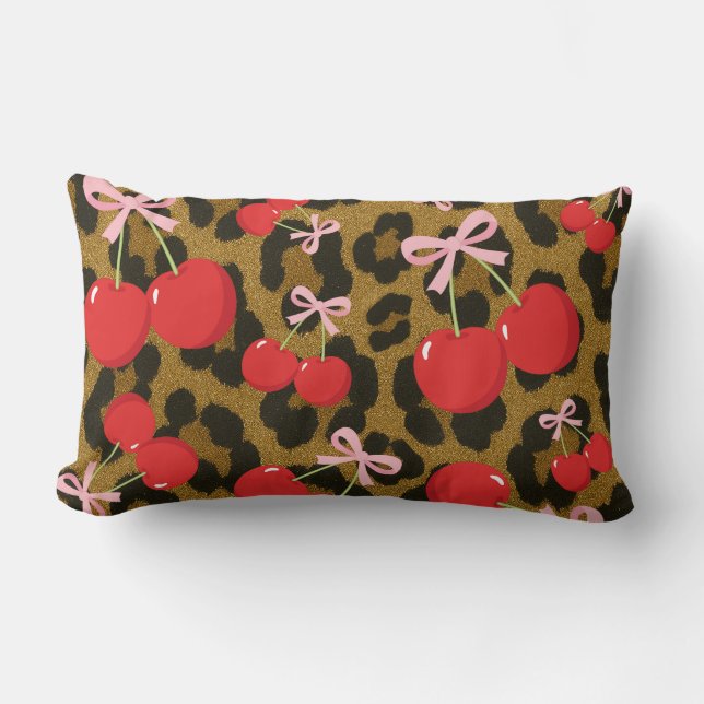 Red Cherries with Pink Bow Coquette Leopard Print Lumbar Pillow (Front)