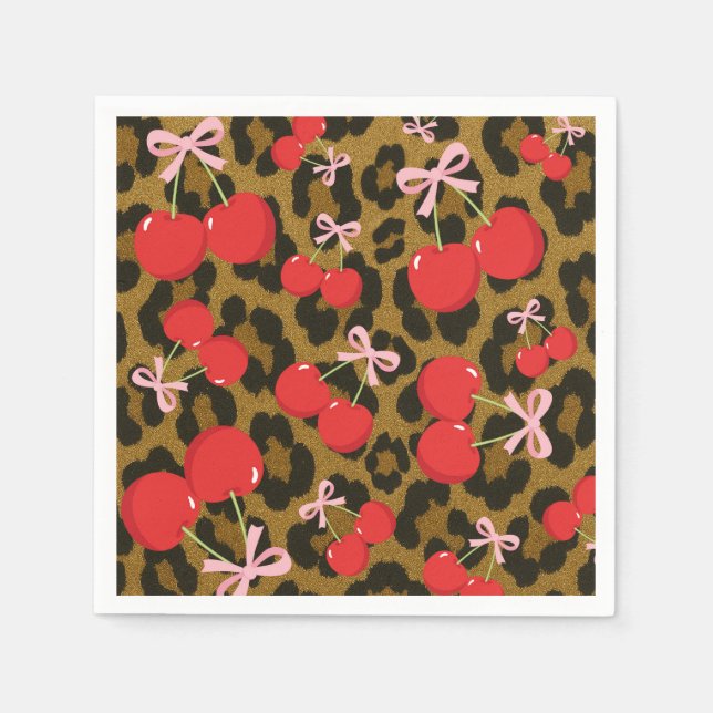 Red Cherries with Pink Bow Coquette Leopard Print Napkin (Front)