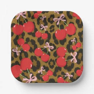 Red Cherries with Pink Bow Coquette Leopard Print Paper Plate
