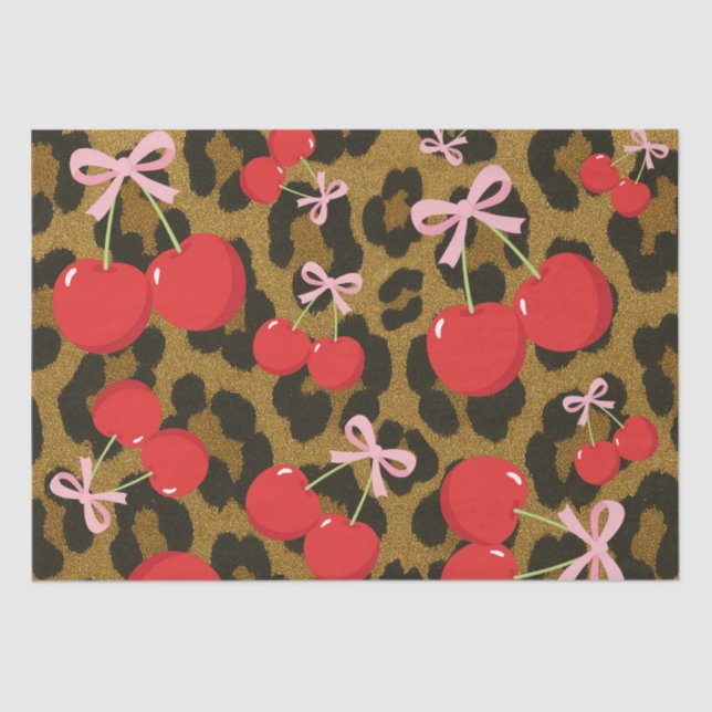 Red Cherries with Pink Bow Coquette Leopard Print Tissue Paper (Front)