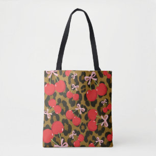 Red Cherries with Pink Bow Coquette Leopard Print Tote Bag