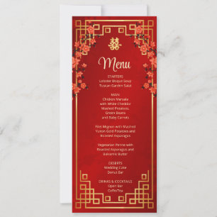 Red Cherry Blossom Chinese Wedding Menu Card