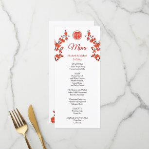 Red Cherry Blossom Chinese Wedding Menu Card