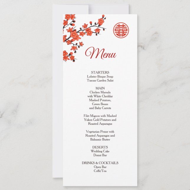 Red Cherry Blossom Chinese Wedding Menu Card (Front)