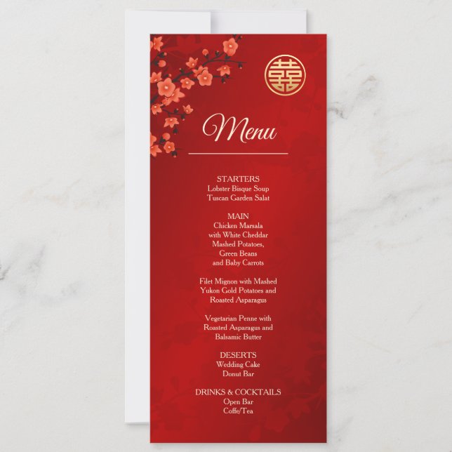 Red Cherry Blossom Chinese Wedding Menu Card (Front)