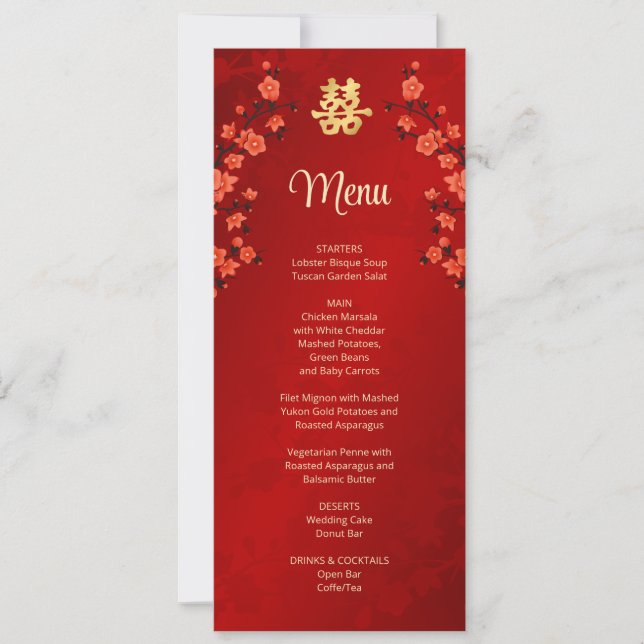 Red Cherry Blossom Chinese Wedding Menu Card (Front)