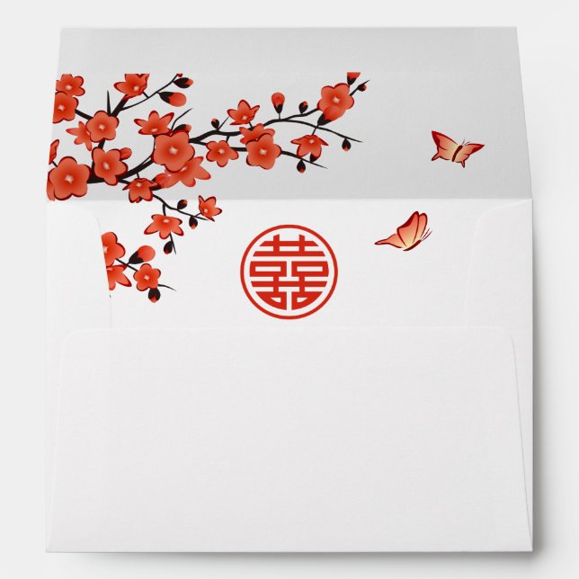Red Cherry Blossom Double Happiness Chinese Weddin Envelope (Back (Bottom))