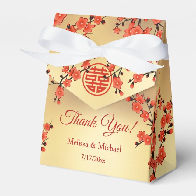  Red Cherry Blossom Gold Custom Chinese Wedding Favor Box (Front Side)