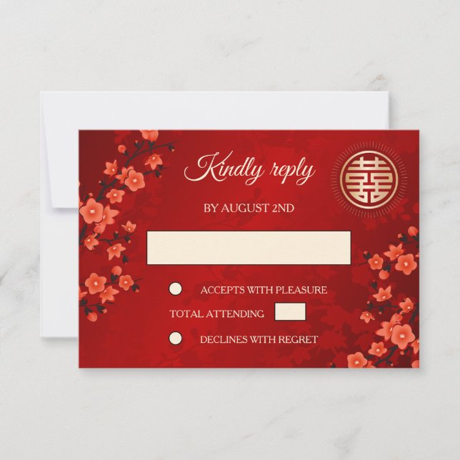 Red Cherry Blossom RSVP Chinese Wedding Invitation (Front)