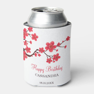 Red Cherry Blossom Sakura Floral Birthday Can Cooler