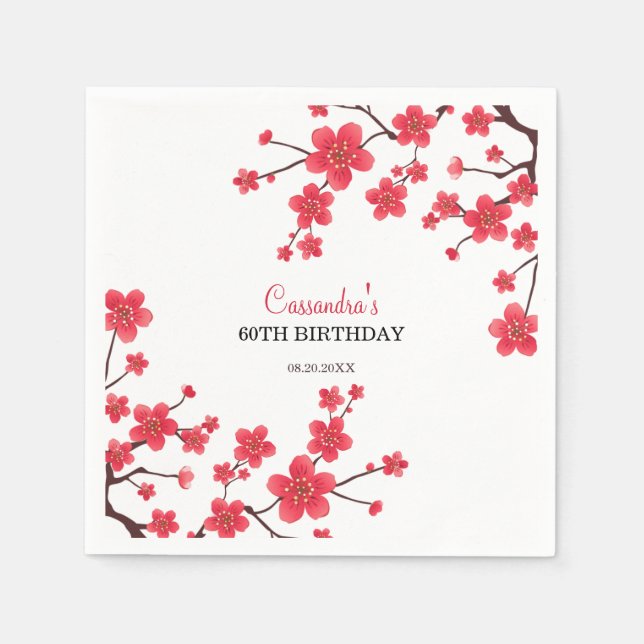 Red Cherry Blossom Sakura Rustic Floral Birthday Napkin (Front)