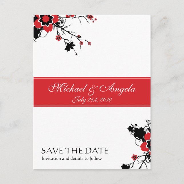 Red Cherry Blossom Sakura Save the Date Announcement Postcard (Front)