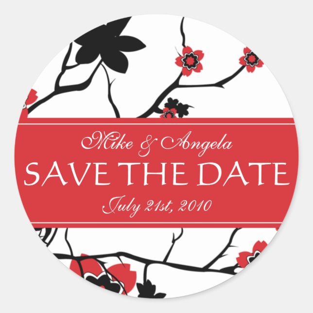 Red Cherry Blossom Sakura Save the Date Classic Round Sticker (Front)