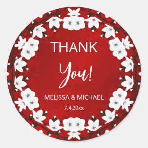 Red Cherry Blossom Thank You Wedding Favor   Classic Round Sticker