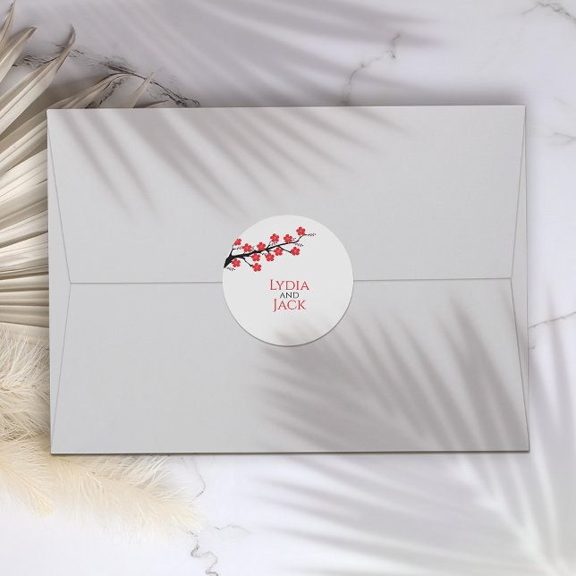 Red Cherry Blossom Themed Wedding Classic Round Sticker (Creator Uploaded)