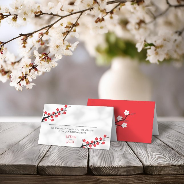 Red Cherry Blossom Themed Wedding Place Card (Creator Uploaded)