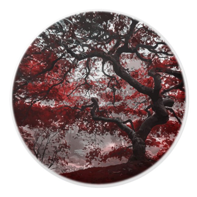Red Cherry Blossom Tree Ceramic Knob (Front)