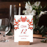 Red Cherry Blossom White Chinese Wedding Table Number<br><div class="desc">This Chinese wedding table number card features pretty red cherry blossoms and a red double happiness symbol on a white background. Matching Chinese wedding products available.</div>