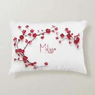 Red Cherry Blossoms Add Name Accent Pillow