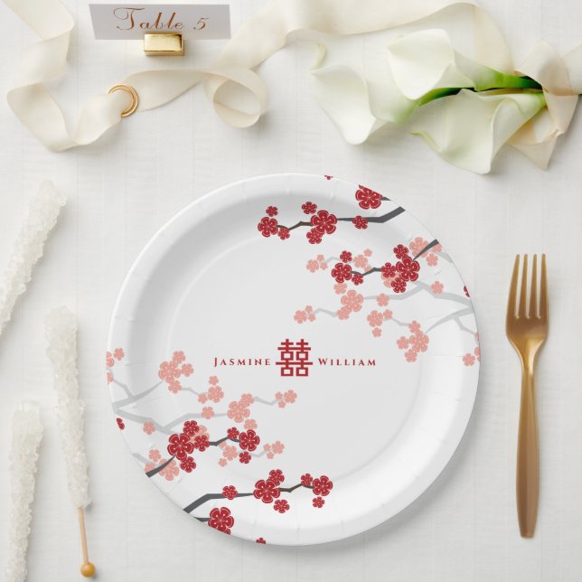 Red Cherry Blossoms And Double Xi Chinese Wedding  Paper Plate (Wedding)