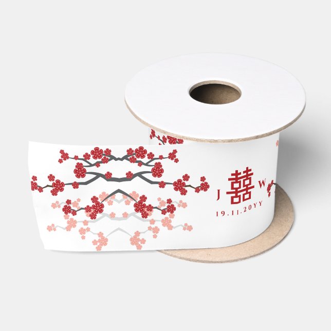 Red Cherry Blossoms And Double Xi Chinese Wedding  Satin Ribbon (Spool)