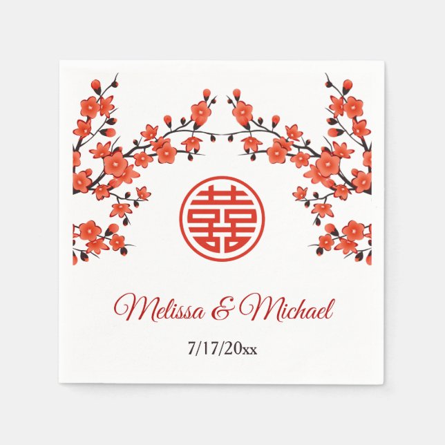   Red Cherry Blossoms Chinese Wedding Custom Napkin (Front)
