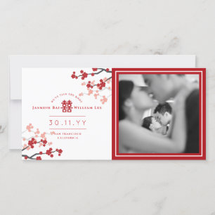 Red Cherry Blossoms Double Happiness Photo Wedding Announcement