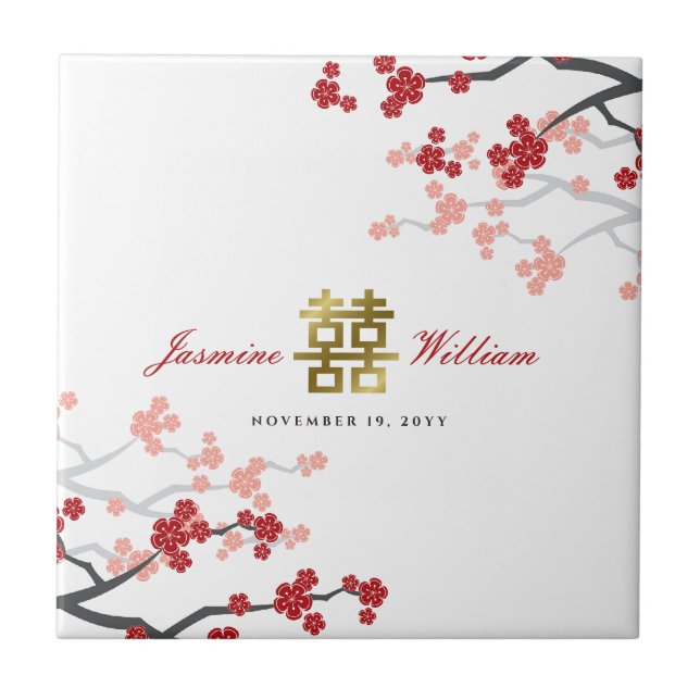 Red Cherry Blossoms Elegant Chinese Wedding Favour Tile (Front)